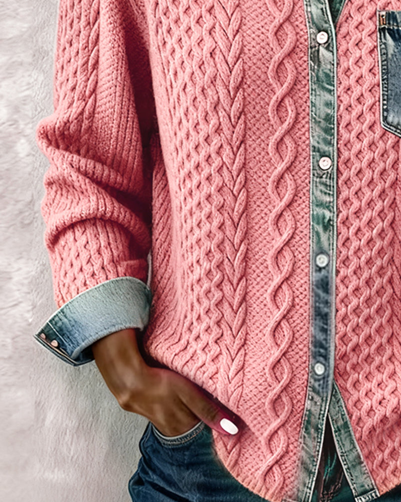 Long-Sleeve Shirt with Denim Patchwork