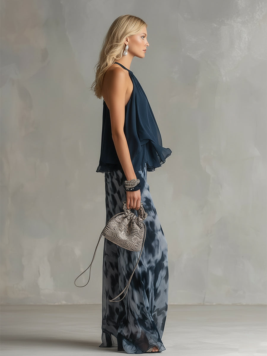 Ludovica | Elegant Set with High-Neck Top and Wide-Cut Printed Pants