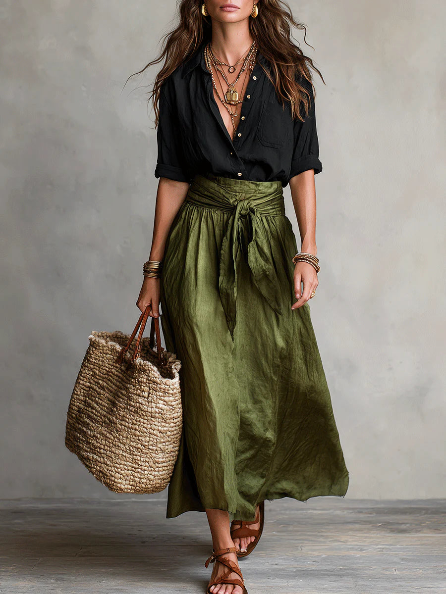 Jennifer | Two-Piece Set: Black Top and Olive Green Midi Skirt