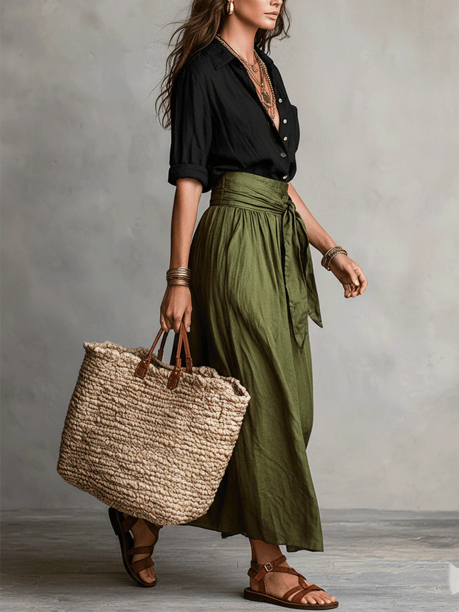 Jennifer | Two-Piece Set: Black Top and Olive Green Midi Skirt