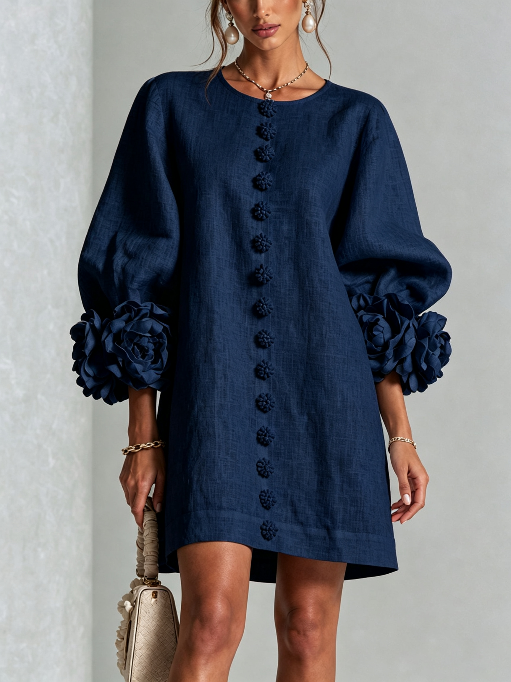 Vynexa | Floral-Cuff Button-Front Mini Dress