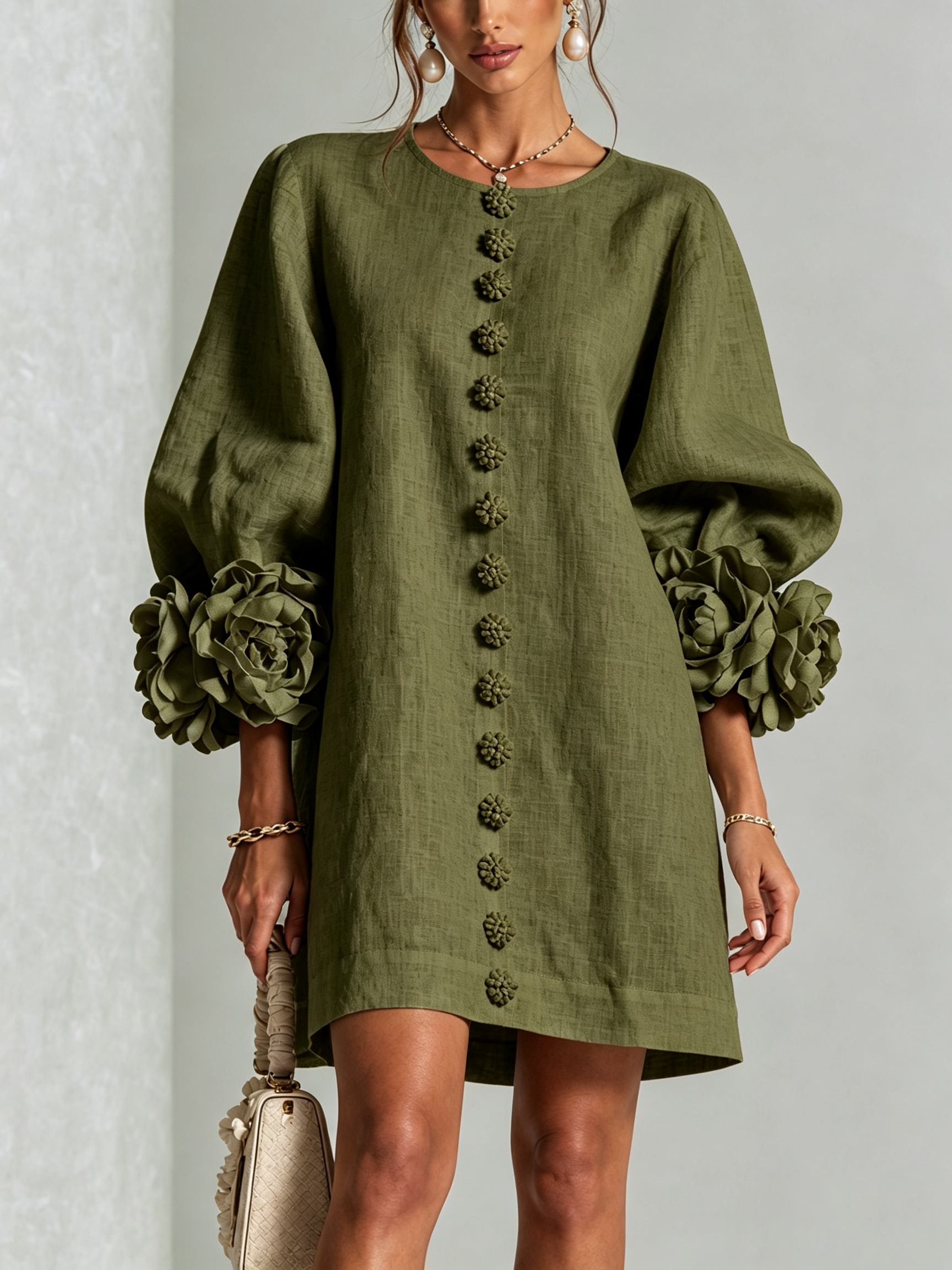 Vynexa | Floral-Cuff Button-Front Mini Dress
