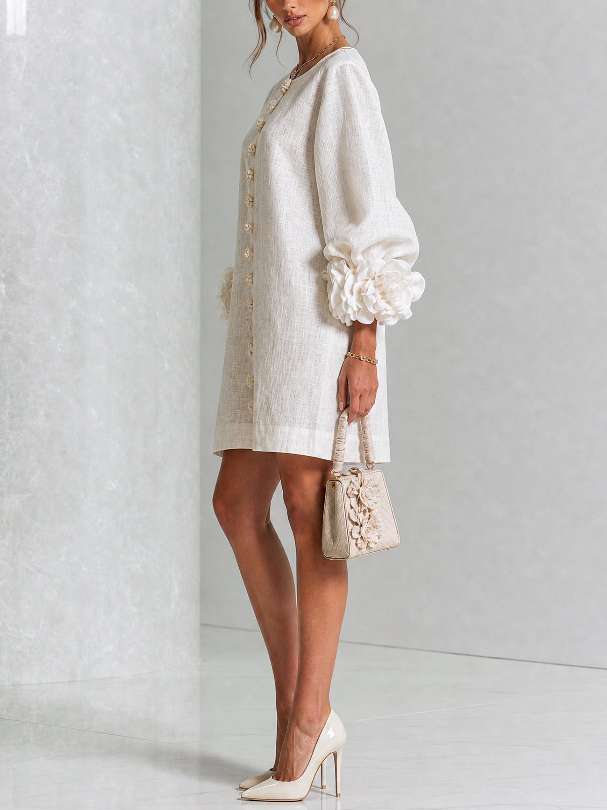Vynexa | Floral-Cuff Button-Front Mini Dress