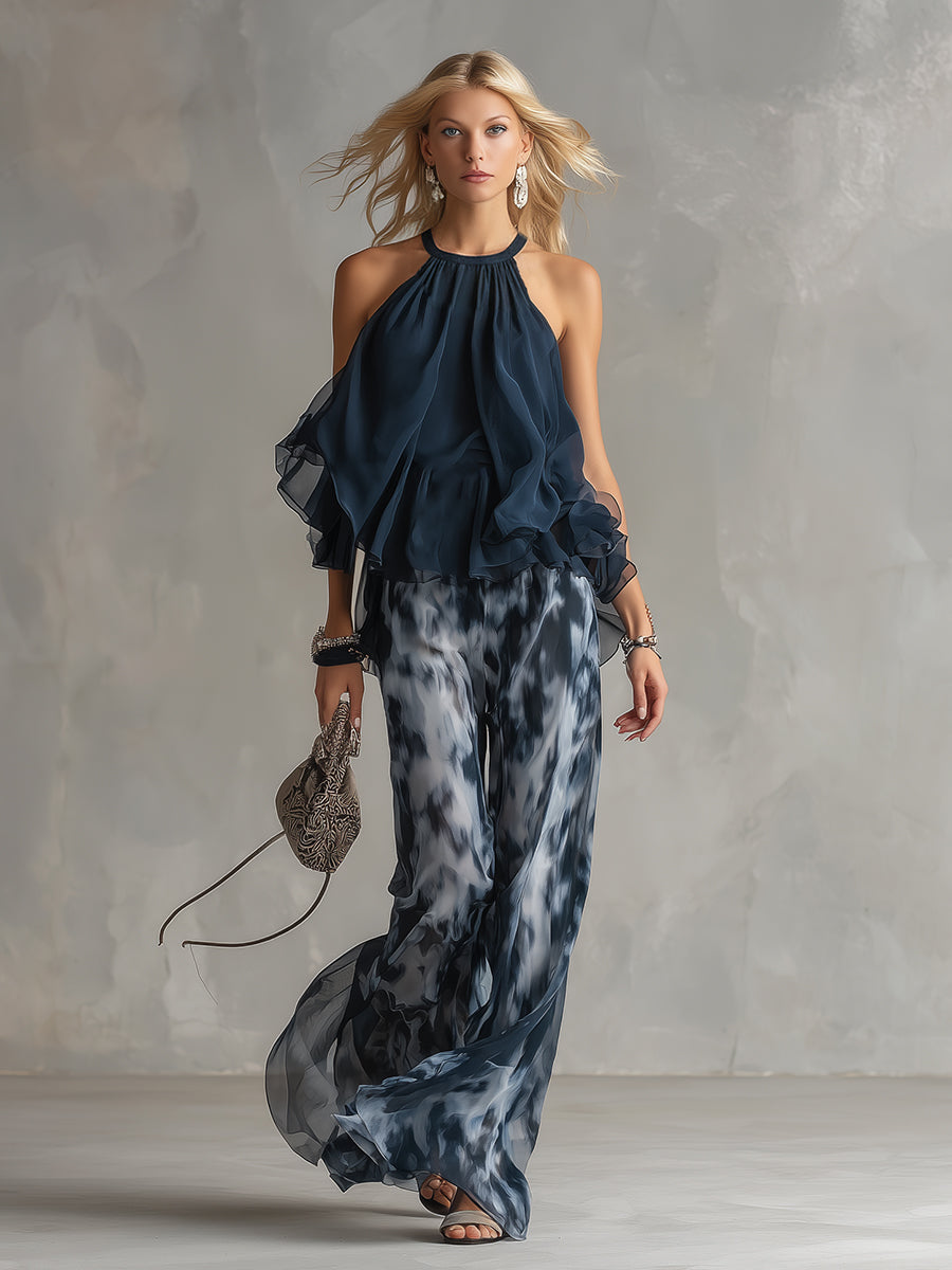 Ludovica | Elegant Set with High-Neck Top and Wide-Cut Printed Pants